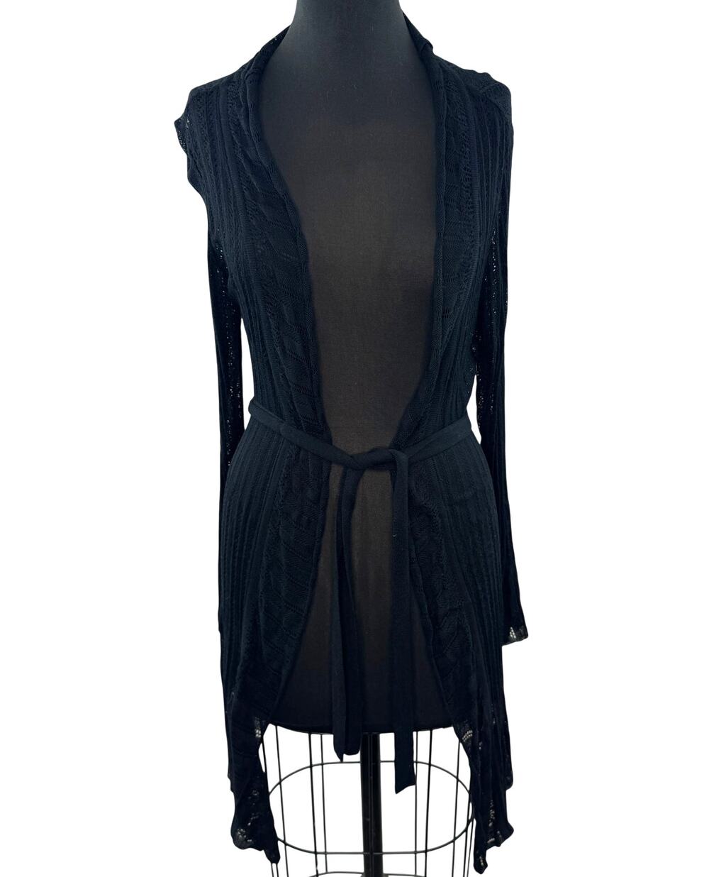 Elizabeth Gillett NYC Black Cardigan Thin Knit Tie-Waist Open Front Size Small S